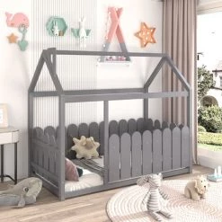 JN.SONGS Lit Enfant Cabane Bois Massif De Pinavec Barreaux De Sécurité, Conception De Forme De Maison 80x160 Cm Gris