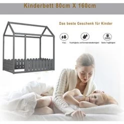 JN.SONGS Lit Enfant Cabane Bois Massif De Pinavec Barreaux De Sécurité, Conception De Forme De Maison 80x160 Cm Gris -Lit enfant Soldes Boutique 50600271 4