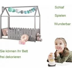 JN.SONGS Lit Enfant Cabane Bois Massif De Pinavec Barreaux De Sécurité, Conception De Forme De Maison 80x160 Cm Gris -Lit enfant Soldes Boutique 50600271 5