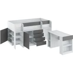 BIM FURNITURE Lit Mezzanine Avec Bureau SMILE Gauche Artisanal Blanc / Graphite -Lit enfant Soldes Boutique 50722795 3
