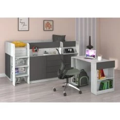 BIM FURNITURE Lit Mezzanine Avec Bureau SMILE Gauche Artisanal Blanc / Graphite -Lit enfant Soldes Boutique 50722795 4