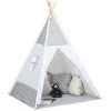 HOMCOM Tente Teepee Indien Enfant Style Graphique - Dim. 1,2L X 1,2I X 1,55H M - Porte Refermable, Fenêtre, Tapis, Coussin, Sac Transport Inclus - Structure Bois, Toile Polyester Coton Gris Blanc - Gris