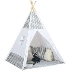 HOMCOM Tente Teepee Indien Enfant Style Graphique - Dim. 1,2L X 1,2I X 1,55H M - Porte Refermable, Fenêtre, Tapis, Coussin, Sac Transport Inclus - Structure Bois, Toile Polyester Coton Gris Blanc - Gris