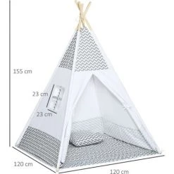 HOMCOM Tente Teepee Indien Enfant Style Graphique - Dim. 1,2L X 1,2I X 1,55H M - Porte Refermable, Fenêtre, Tapis, Coussin, Sac Transport Inclus - Structure Bois, Toile Polyester Coton Gris Blanc - Gris -Lit enfant Soldes Boutique 50904438 3