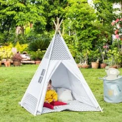 HOMCOM Tente Teepee Indien Enfant Style Graphique - Dim. 1,2L X 1,2I X 1,55H M - Porte Refermable, Fenêtre, Tapis, Coussin, Sac Transport Inclus - Structure Bois, Toile Polyester Coton Gris Blanc - Gris -Lit enfant Soldes Boutique 50904438 4