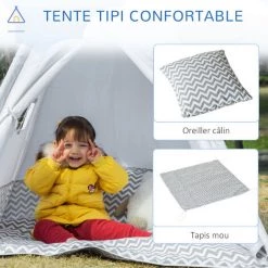 HOMCOM Tente Teepee Indien Enfant Style Graphique - Dim. 1,2L X 1,2I X 1,55H M - Porte Refermable, Fenêtre, Tapis, Coussin, Sac Transport Inclus - Structure Bois, Toile Polyester Coton Gris Blanc - Gris -Lit enfant Soldes Boutique 50904438 5