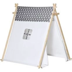 HOMCOM Tente Teepee Indien Enfant Motif étoiles - Dim. 1,3L X 1,11I X 1,36H M - 2 Portes Refermables, Fenêtre - Structure Bois, Toile Polyester Coton Gris Blanc - Blanc