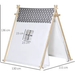 HOMCOM Tente Teepee Indien Enfant Motif étoiles - Dim. 1,3L X 1,11I X 1,36H M - 2 Portes Refermables, Fenêtre - Structure Bois, Toile Polyester Coton Gris Blanc - Blanc -Lit enfant Soldes Boutique 50908877 3
