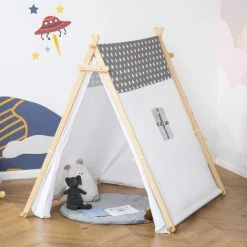 HOMCOM Tente Teepee Indien Enfant Motif étoiles - Dim. 1,3L X 1,11I X 1,36H M - 2 Portes Refermables, Fenêtre - Structure Bois, Toile Polyester Coton Gris Blanc - Blanc -Lit enfant Soldes Boutique 50908877 4