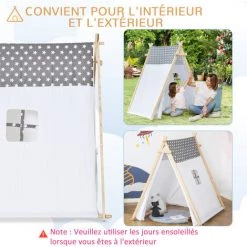 HOMCOM Tente Teepee Indien Enfant Motif étoiles - Dim. 1,3L X 1,11I X 1,36H M - 2 Portes Refermables, Fenêtre - Structure Bois, Toile Polyester Coton Gris Blanc - Blanc -Lit enfant Soldes Boutique 50908877 5
