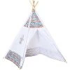 HOMCOM Tente Teepee Indien Enfant Style Graphique - Dim. 1,2L X 1,2I X 1,55H M - Porte Refermable, Fenêtre - Structure Bois, Toile Polyester Coton Blanc Multicolore - Blanc
