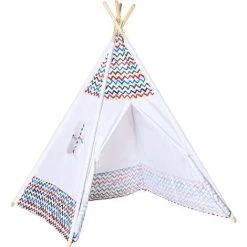 HOMCOM Tente Teepee Indien Enfant Style Graphique - Dim. 1,2L X 1,2I X 1,55H M - Porte Refermable, Fenêtre - Structure Bois, Toile Polyester Coton Blanc Multicolore - Blanc