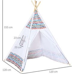 HOMCOM Tente Teepee Indien Enfant Style Graphique - Dim. 1,2L X 1,2I X 1,55H M - Porte Refermable, Fenêtre - Structure Bois, Toile Polyester Coton Blanc Multicolore - Blanc -Lit enfant Soldes Boutique 50908882 3
