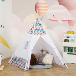 HOMCOM Tente Teepee Indien Enfant Style Graphique - Dim. 1,2L X 1,2I X 1,55H M - Porte Refermable, Fenêtre - Structure Bois, Toile Polyester Coton Blanc Multicolore - Blanc -Lit enfant Soldes Boutique 50908882 4