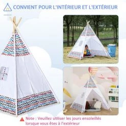 HOMCOM Tente Teepee Indien Enfant Style Graphique - Dim. 1,2L X 1,2I X 1,55H M - Porte Refermable, Fenêtre - Structure Bois, Toile Polyester Coton Blanc Multicolore - Blanc -Lit enfant Soldes Boutique 50908882 5