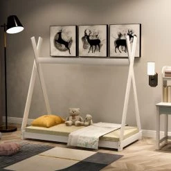 DECKON Lit Cabane Pour Enfant, Lit Indien Maison D'enfant En Bois Massif Bois De Tente Avec Sommier à Lattes Pour Chambres D'enfants Et De Jeunes, Blanc (140x70cm) -Lit enfant Soldes Boutique 51585854 3