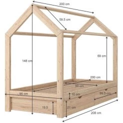 Lit Cabane „Wiki" 90x200cm Nature Avec Matelas Et 2 Tiroirs VitaliSpa -Lit enfant Soldes Boutique 52050892 3