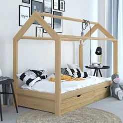 Lit Cabane „Wiki" 90x200cm Nature Avec Matelas Et 2 Tiroirs VitaliSpa -Lit enfant Soldes Boutique 52050892 4