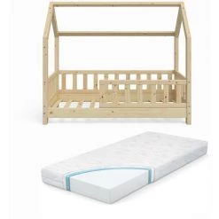 Lit Cabane „Wiki" 70x140cm Nature Avec Matelas VitaliSpa