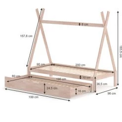 Lit Pour Enfant „Tipi" 200x90cm Naturel Avec Tiroir De Lit VitaliSpa -Lit enfant Soldes Boutique 52051202 3