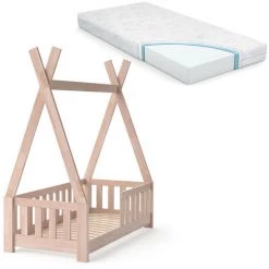 Lit Pour Enfant „Tipi" 140x70cm Naturel Avec Barrière Et Matelas VitaliSpa