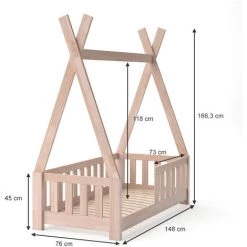 Lit Pour Enfant „Tipi" 140x70cm Naturel Avec Barrière Et Matelas VitaliSpa -Lit enfant Soldes Boutique 52051203 3