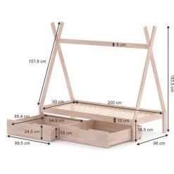 Lit Pour Enfant „Tipi" 200x90cm Naturel Avec 2 Tiroirs VitaliSpa -Lit enfant Soldes Boutique 52051266 3