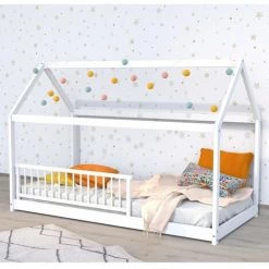 LE QUAI DES AFFAIRES Lit Cabane PANDA 90x190 + 1 Sommier + Barrière /Blanc/ 195x97x134