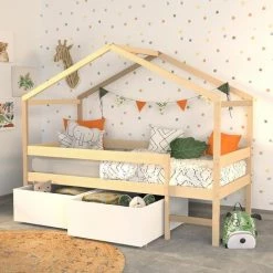 LE QUAI DES AFFAIRES Lit Cabane MIKA 90x190 + Sommier + 2 Tiroirs / Naturel & Blanc/ 199x95x165