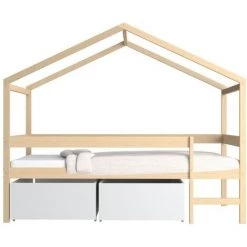 LE QUAI DES AFFAIRES Lit Cabane MIKA 90x190 + Sommier + 2 Tiroirs / Naturel & Blanc/ 199x95x165 -Lit enfant Soldes Boutique 52717014 3