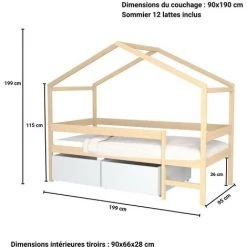 LE QUAI DES AFFAIRES Lit Cabane MIKA 90x190 + Sommier + 2 Tiroirs / Naturel & Blanc/ 199x95x165 -Lit enfant Soldes Boutique 52717014 4