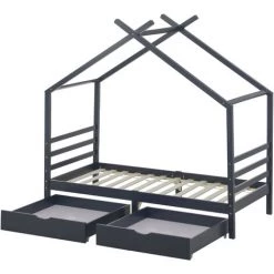 MERAX Lit Cabane 90x190cm Avec 2 Tiroirs, Lit Enfant, Bois Massif Avec Sommier à Lattes, Chambre Enfant Et Jeune, Couleur Bleu -Lit enfant Soldes Boutique 52968146 3