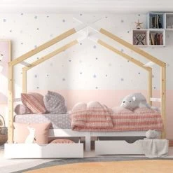 MERAX Lit Cabane 90x200cm Avec 2 Tiroirs, Lit Enfant, Bois Massif Avec Sommier à Lattes, Chambre Enfant Et Jeune, Couleur Blanc + Naturel