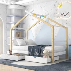 MERAX Lit Cabane 90x200cm Avec 2 Tiroirs, Lit Enfant, Bois Massif Avec Sommier à Lattes, Chambre Enfant Et Jeune, Couleur Blanc + Naturel -Lit enfant Soldes Boutique 52968147 4