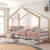 MERAX Lit Cabane 90x200cm Avec 2 Tiroirs, Lit Enfant, Bois Massif Avec Sommier à Lattes, Chambre Enfants Et Jeunes, Blanc - Beige