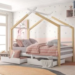 MERAX Lit Cabane 90x200cm Avec 2 Tiroirs, Lit Enfant, Bois Massif Avec Sommier à Lattes, Chambre Enfants Et Jeunes, Blanc - Beige