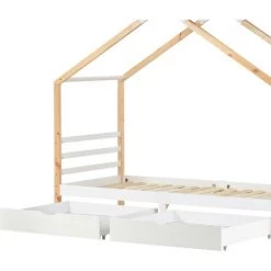 MERAX Lit Cabane 90x200cm Avec 2 Tiroirs, Lit Enfant, Bois Massif Avec Sommier à Lattes, Chambre Enfants Et Jeunes, Blanc - Beige -Lit enfant Soldes Boutique 52968149 3