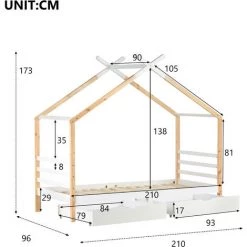 MERAX Lit Cabane 90x200cm Avec 2 Tiroirs, Lit Enfant, Bois Massif Avec Sommier à Lattes, Chambre Enfants Et Jeunes, Blanc - Beige -Lit enfant Soldes Boutique 52968149 5