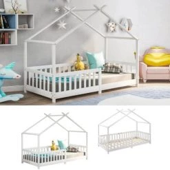 MERAX Lit Cabane Enfant 90 X 200 Cm - Bois Pin Massif Blanc - Sommier Inclus - Style Scandinave