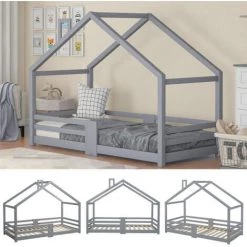 MERAX Lit Cabane Enfant 90 X 200 Cm - Bois Pin Massif Blanc Avec Sommier Et Barrière - Gris