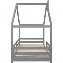 MERAX Lit Cabane Enfant 90 X 200 Cm - Bois Pin Massif Blanc Avec Sommier Et Barrière - Gris -Lit enfant Soldes Boutique 52968258 3