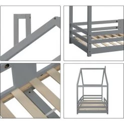 MERAX Lit Cabane Enfant 90 X 200 Cm - Bois Pin Massif Blanc Avec Sommier Et Barrière - Gris -Lit enfant Soldes Boutique 52968258 4