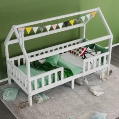 MERAX Lit Cabane Pour Enfant 90x200cm - Bois Pin Massif - Avec Sommier à Lattes Et Barrière - Blanc