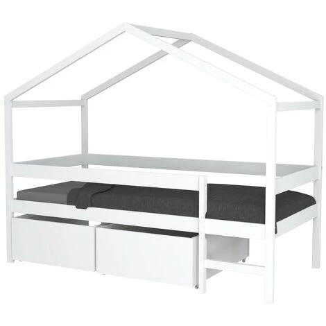 LE QUAI DES AFFAIRES Lit Cabane MIKA 90x190 + Sommier + 2 Tiroirs / Blanc/ 199x95x165 2 LE QUAI DES AFFAIRES Lit Cabane MIKA 90x190 + Sommier + 2 Tiroirs / Blanc/ 199x95x165 – Image 2