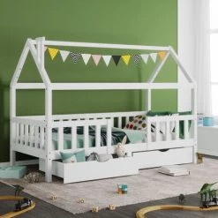 MERAX Lit Cabane Pour Enfant 90x200cm - Bois Pin Massif - 2 Tiroirs Espace De Rangement - Avec Sommier à Lattes Et Barrière - Blanc