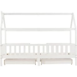 MERAX Lit Cabane Pour Enfant 90x200cm - Bois Pin Massif - 2 Tiroirs Espace De Rangement - Avec Sommier à Lattes Et Barrière - Blanc -Lit enfant Soldes Boutique 53519818 3