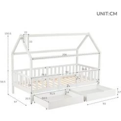 MERAX Lit Cabane Pour Enfant 90x200cm - Bois Pin Massif - 2 Tiroirs Espace De Rangement - Avec Sommier à Lattes Et Barrière - Blanc -Lit enfant Soldes Boutique 53519818 5