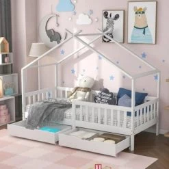 MERAX Lit Cabane Enfant à 2 Tiroirs - Lit Maison Bois Massif De Pin Blanc - Sommier Inclus - 90 X 200 Cm
