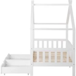 MERAX Lit Cabane Enfant à 2 Tiroirs - Lit Maison Bois Massif De Pin Blanc - Sommier Inclus - 90 X 200 Cm -Lit enfant Soldes Boutique 53584753 3