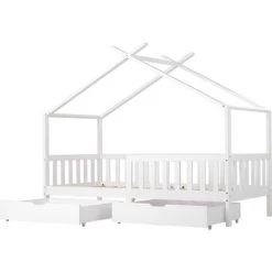 MERAX Lit Cabane Enfant à 2 Tiroirs - Lit Maison Bois Massif De Pin Blanc - Sommier Inclus - 90 X 200 Cm -Lit enfant Soldes Boutique 53584753 4